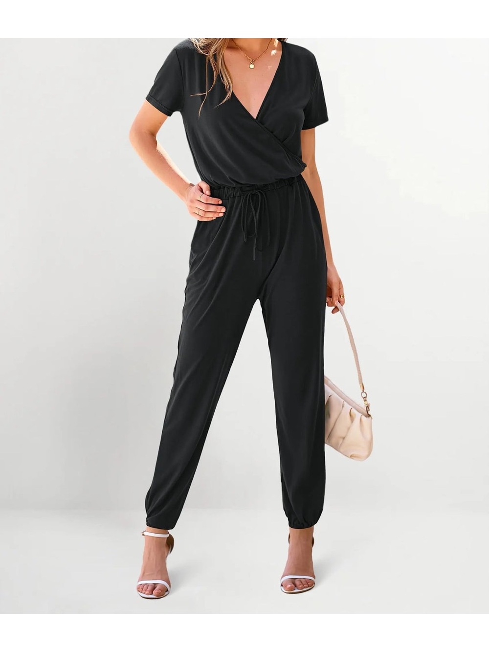 Women's Black Wrap-Front Drawstring Jumpsuit